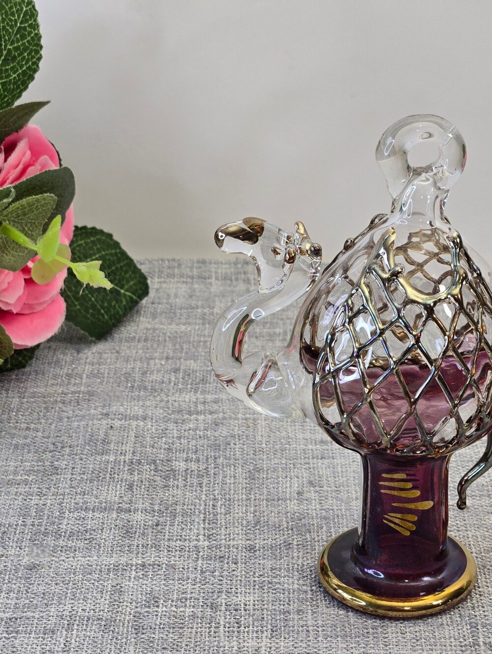 Vtg Egyptian Handblown Glass Camel Christmas Ornament Amethyst  Gold/Silver Tone